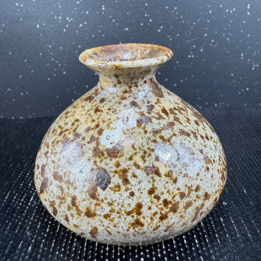 Joan Signed Studio Pottery Bud Vase Speckled Brown Tan Stoneware 3 Inch Small